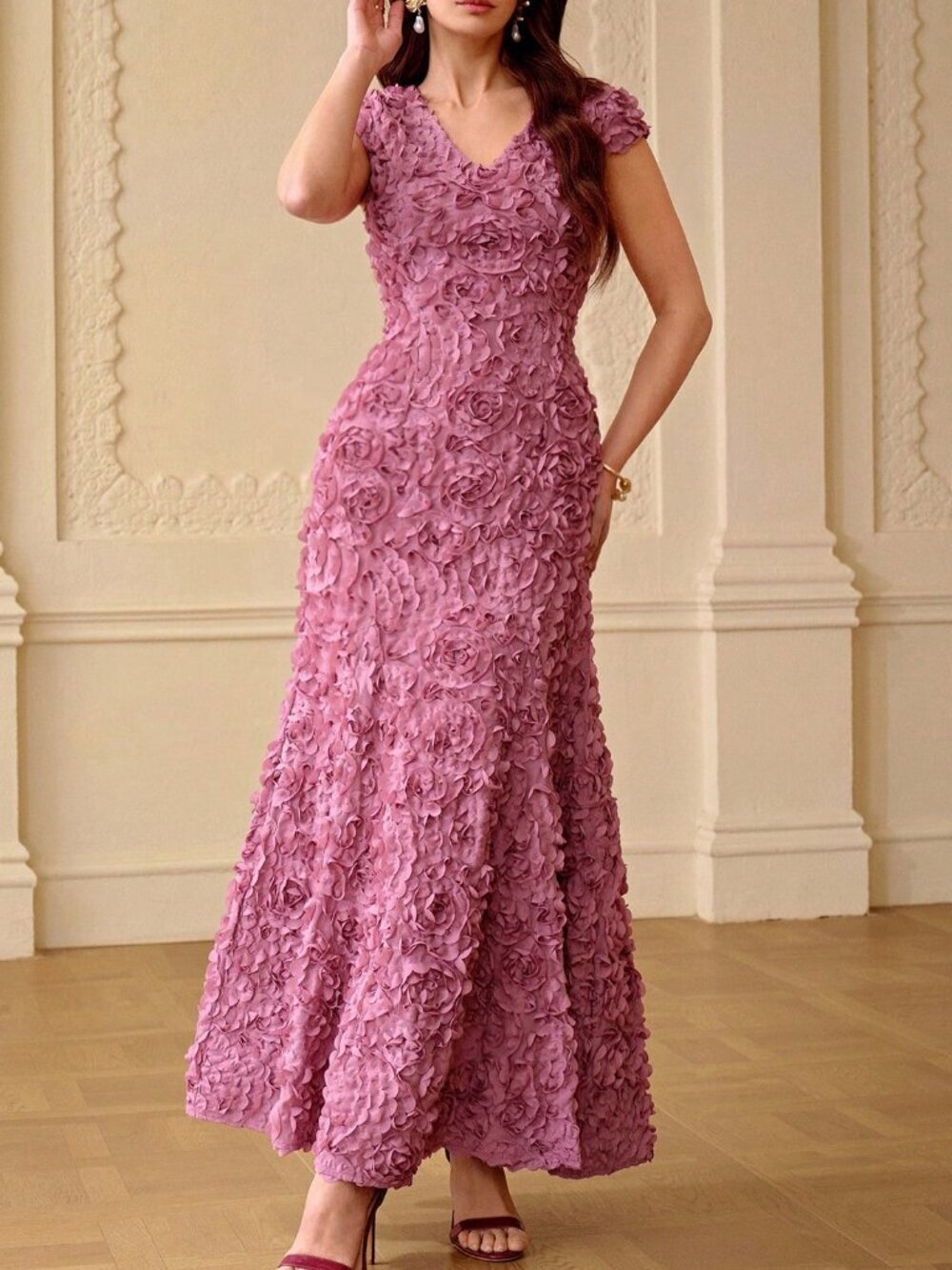 Violet Purple Elegant Women's V-Neck Floral Embroidered Fitted A-Line Dress